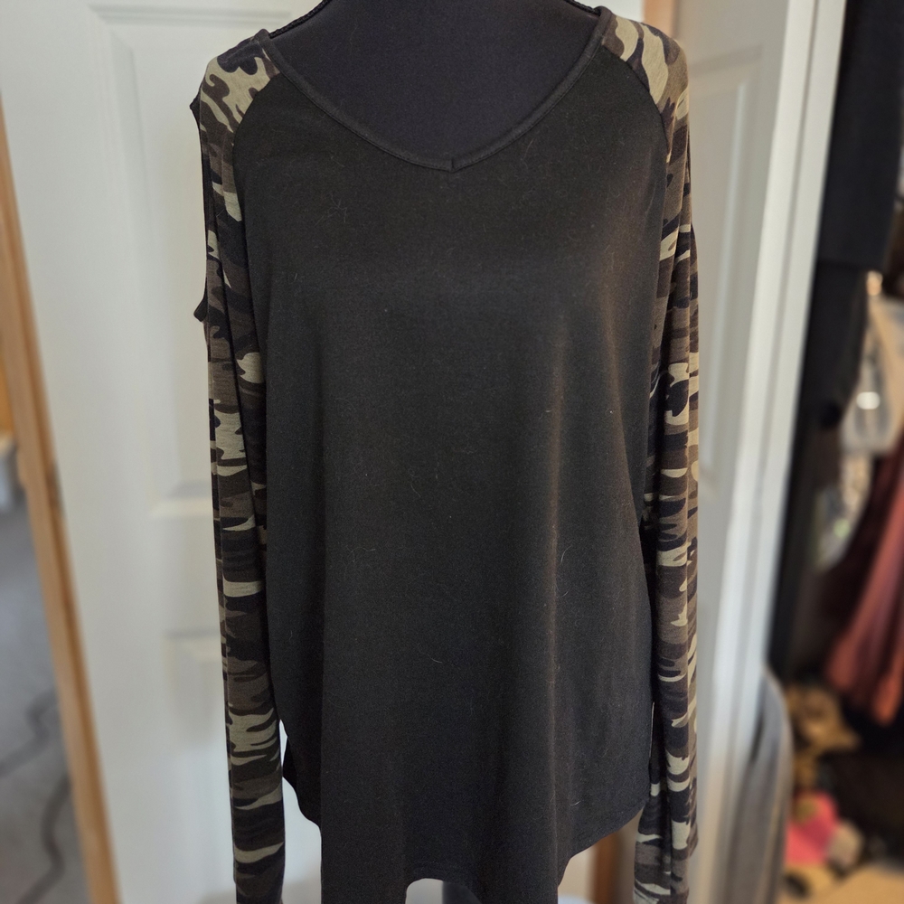 Black Long-Sleeve Top with Camo Sleeves and Cold Shoulders*
